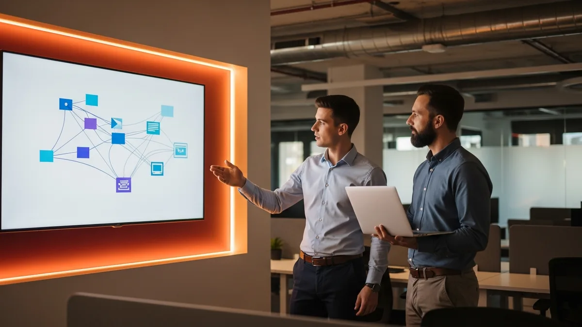 Two ERP consultants reviewing a system integration and data-migration architecture diagram on a wall monitor