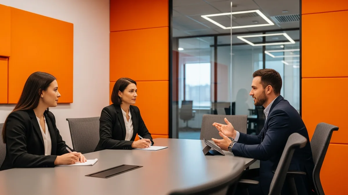Hiring panel interviewing an ERP consultant candidate across a table in a modern conference room