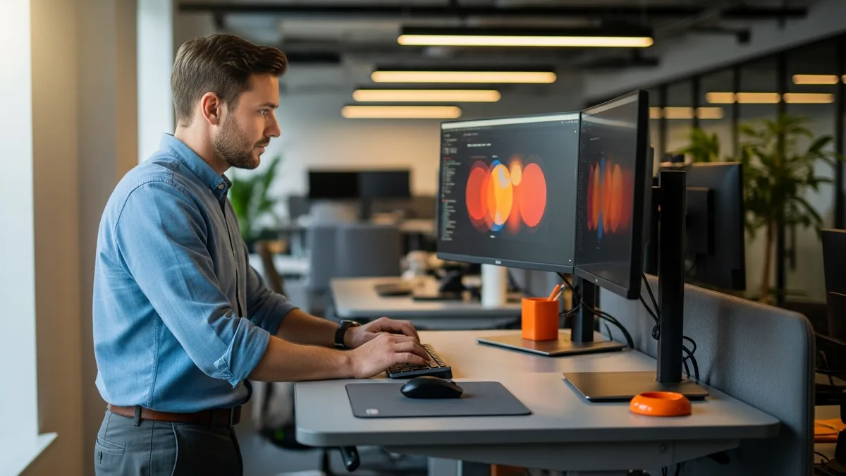 ERP consultant working at a standing desk, illustrating NetSuite and Dynamics 365 consultant pay in 2026