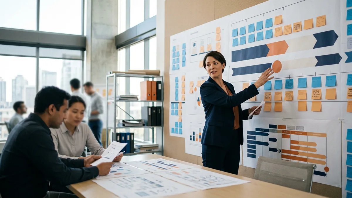 ERP implementation project manager leading a program team through a phase-gate plan at a wall of timelines and sticky notes