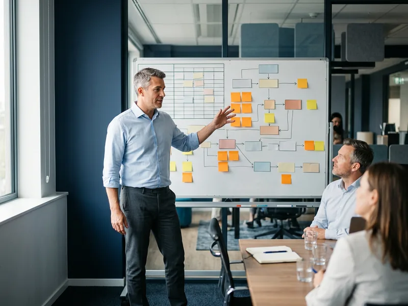 ERP implementation project manager facilitating a steering committee session with a RAID and risk board on the wall
