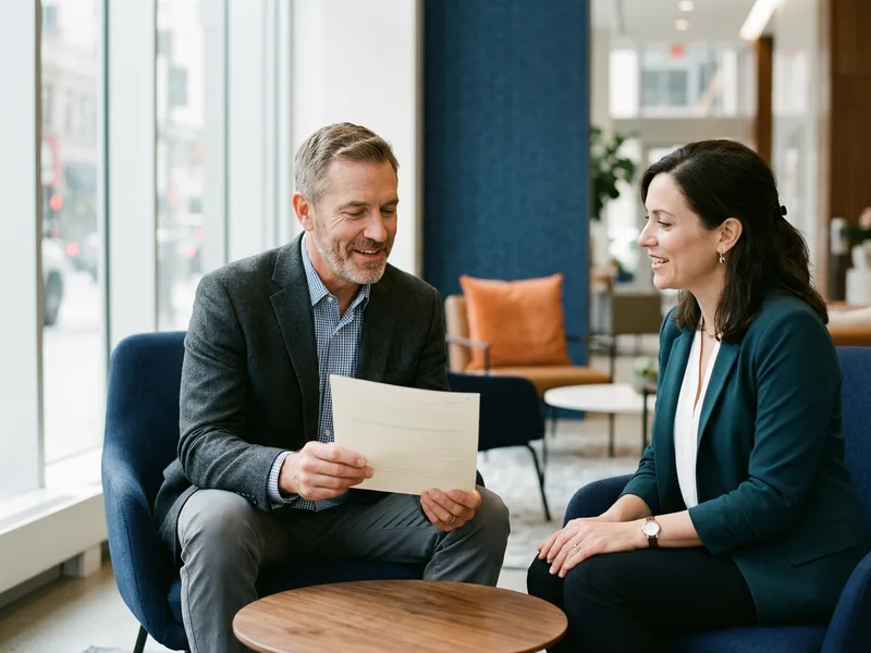 KORE1 senior recruiter reviewing an ERP program manager candidate profile with a hiring manager in a modern office