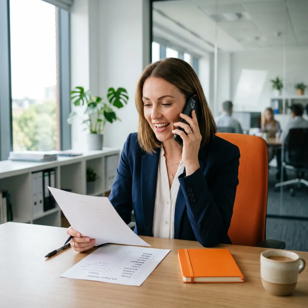 A KORE1 ERP recruiter on a phone call working the enterprise software talent bench with a printed candidate roster on the desk