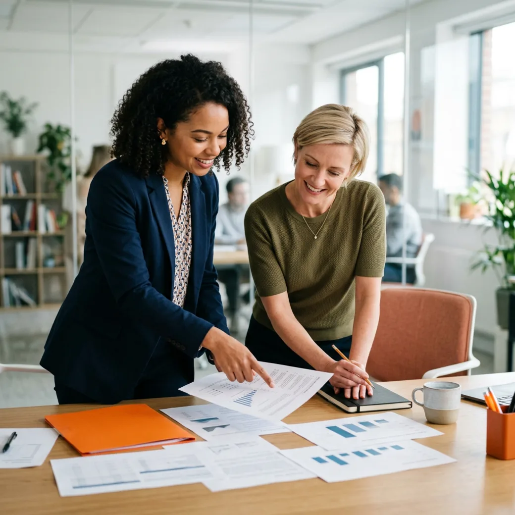 A KORE1 ERP recruiter and a hiring manager scoping an enterprise software role together over printed project notes at a meeting table