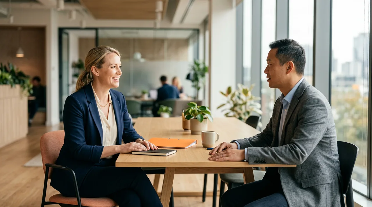 A KORE1 ERP recruiter meeting an enterprise software consultant candidate across a table in a bright modern office