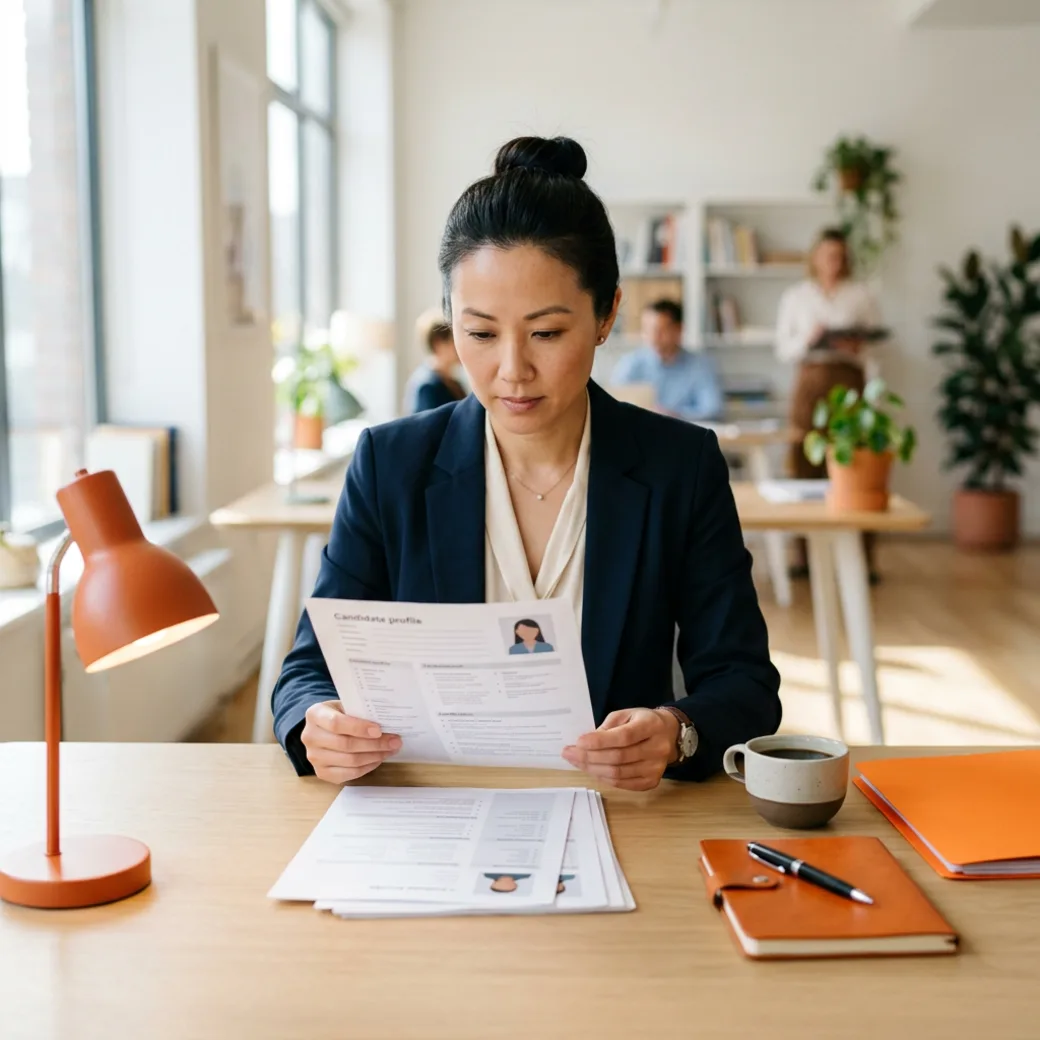 A KORE1 ERP recruiter reviewing a candidate's platform certifications and module history from a printed profile at a desk