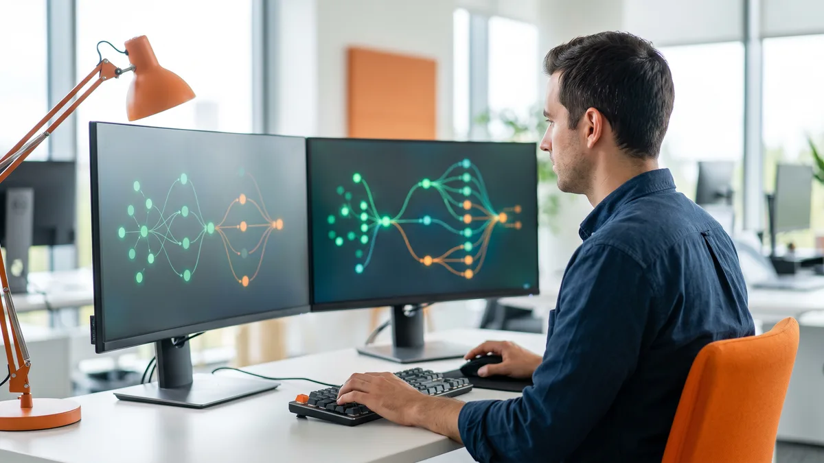 ETL developer reviewing an Airflow pipeline DAG and dbt model lineage on dual monitors, KORE1 ETL developer staffing