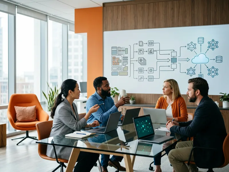 Cross-functional data team planning an SSIS to cloud pipeline migration around a glass conference table with a cutover and rollback plan on the wall