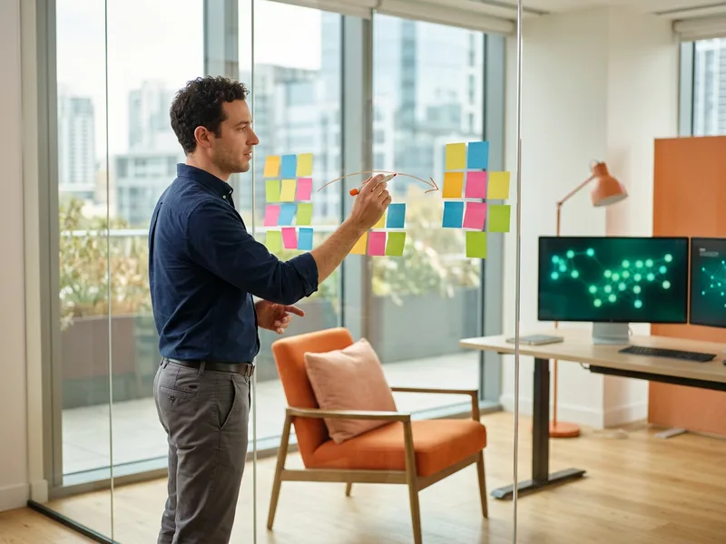 ETL developer mapping an extract, load, and transform pipeline with source systems and a cloud warehouse on a glass wall in a bright office