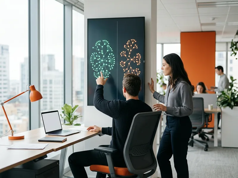 Two ETL developers comparing an Airflow DAG and a dbt lineage graph on a large vertical monitor in a modern office