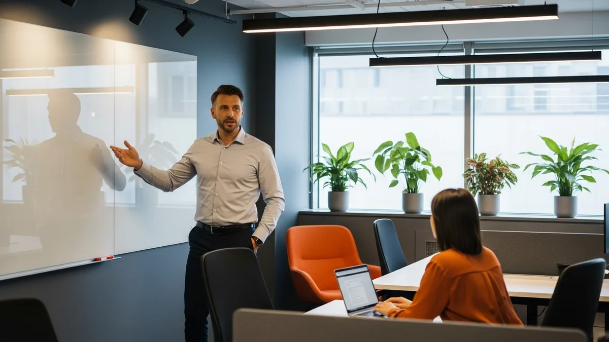 Senior executive recruiter gesturing at a glass whiteboard during a market mapping session while a colleague works on a laptop