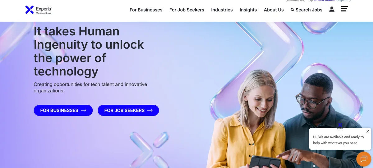 Experis ManpowerGroup cloud technology staffing homepage