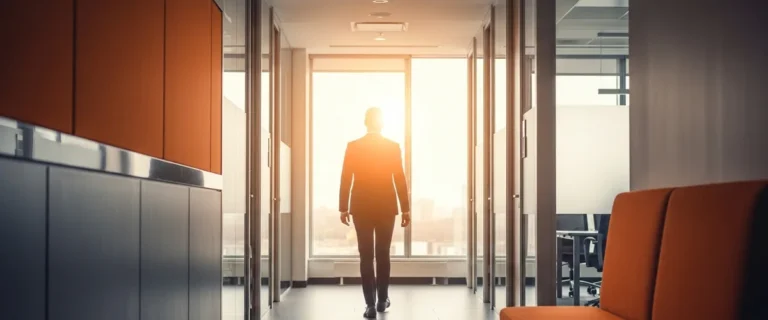 Confident finance professional walking through a modern KORE1 client office, representing how to hire an accounting manager in 2026