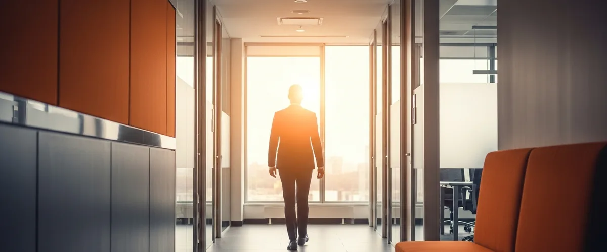 Confident finance professional walking through a modern KORE1 client office, representing how to hire an accounting manager in 2026