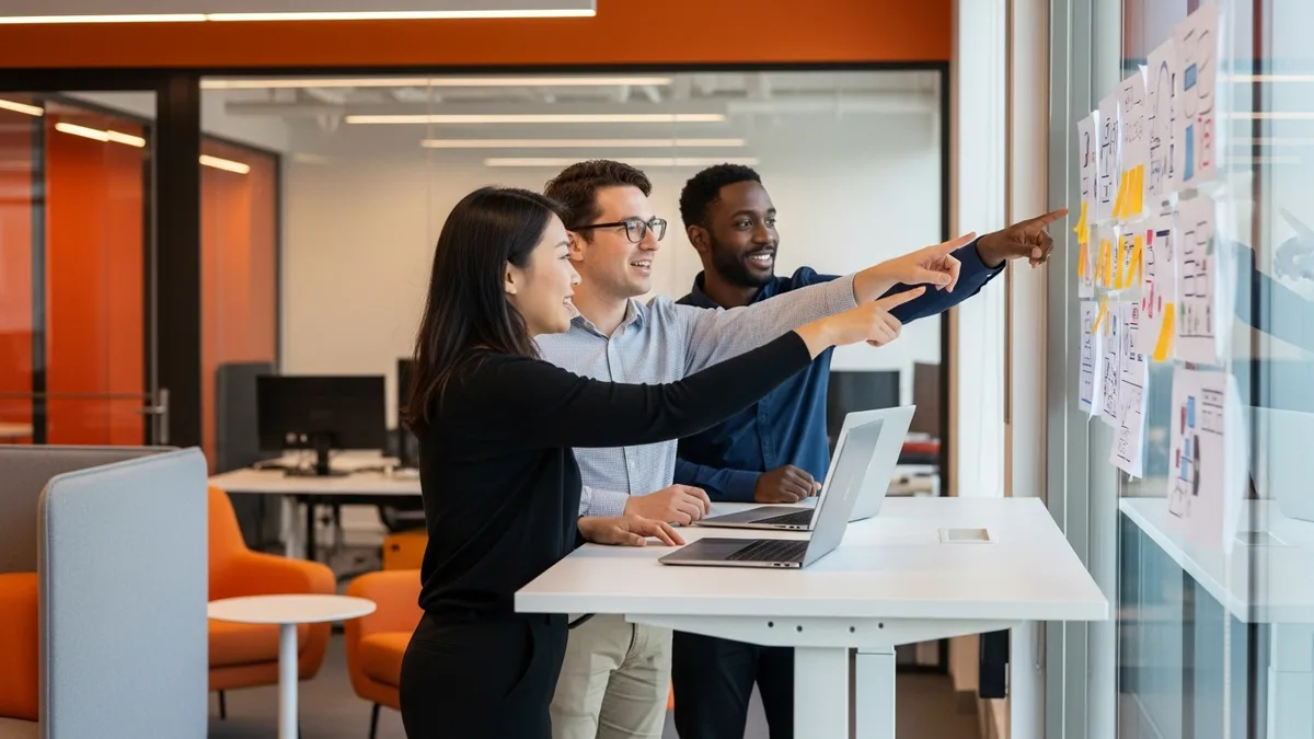 First product hires, a product manager, product designer, and engineer, collaborating at a wall of sticky notes