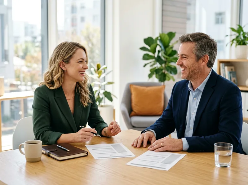 KORE1 recruiter and hiring manager discussing Flutter developer staffing requirements across a table with printed candidate summaries