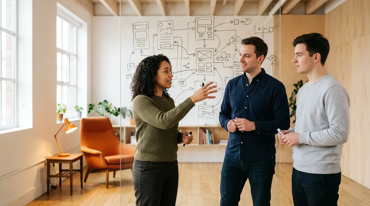 Flutter development team collaborating around a whiteboard mapping a cross-platform mobile app flow in a bright modern studio
