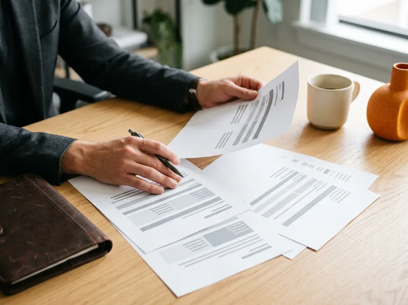 Hiring manager reviewing printed Flutter developer compensation benchmark reports at a desk while planning an offer