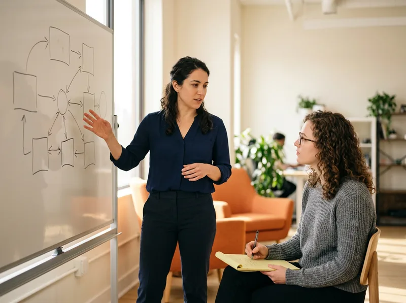 Two engineers reviewing a hand-drawn app architecture diagram on a whiteboard during a Flutter technical screening