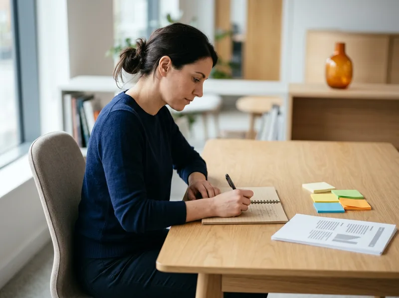 Flutter developer sketching app architecture notes at a clean desk with color-coded sticky notes during a project planning session
