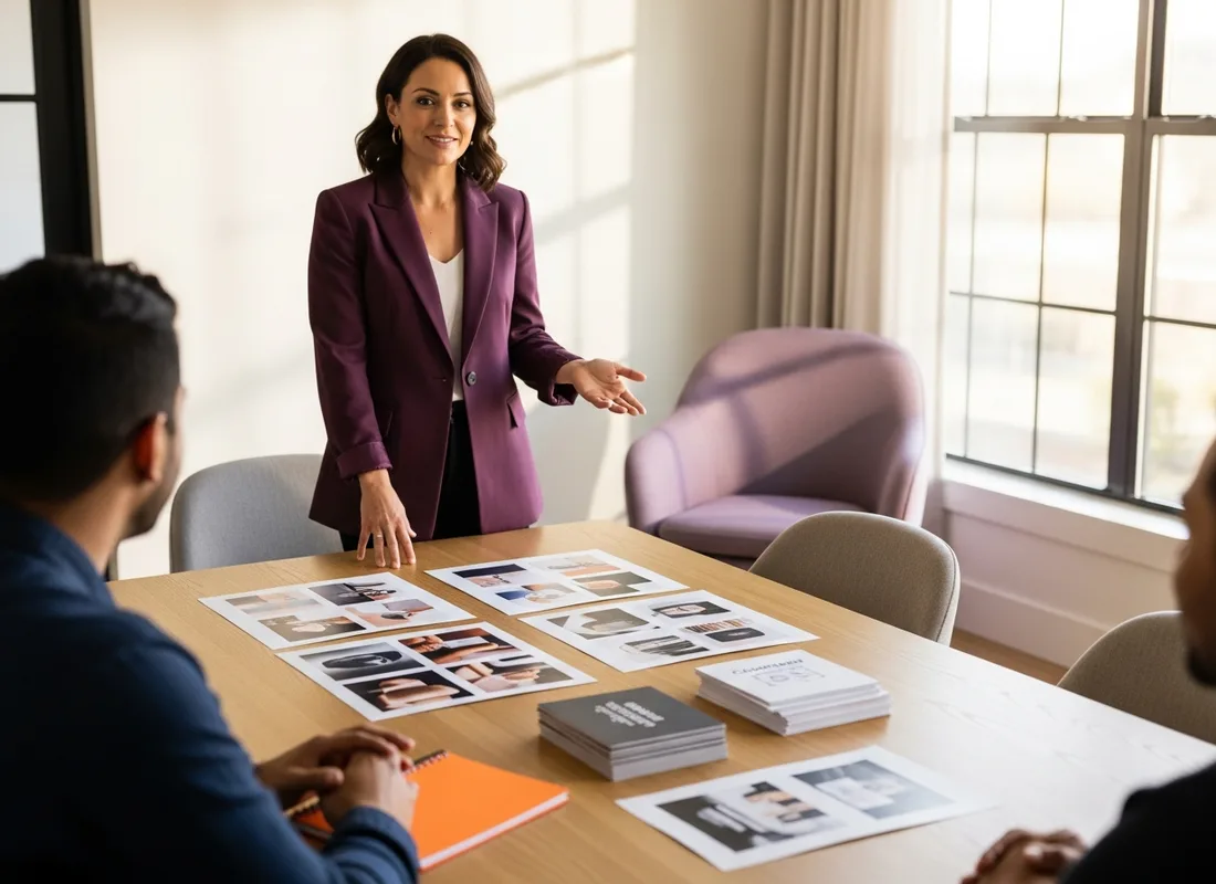 Fractional Chief Marketing Officer leading a brand and growth strategy session with two startup founders