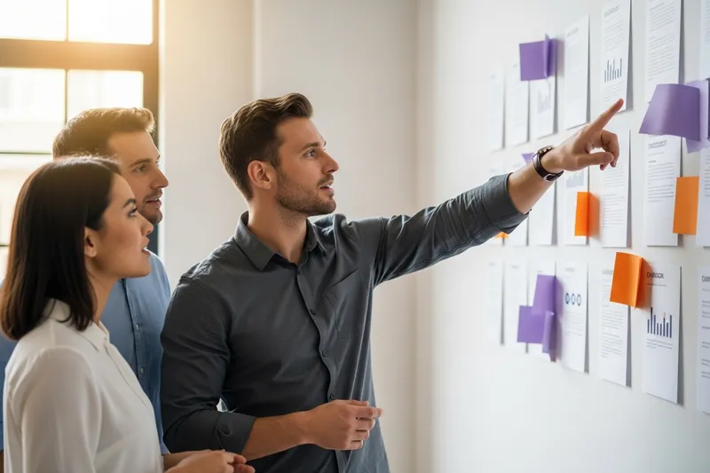 Marketing leader reviewing printed positioning and campaign concepts pinned to a studio wall with two team members