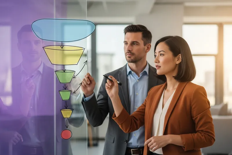 Two marketing and revenue leaders at a glass whiteboard mapping a marketing funnel by hand