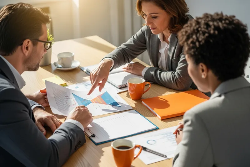 Revenue leader and two team members reviewing a printed pipeline and forecast on a conference table