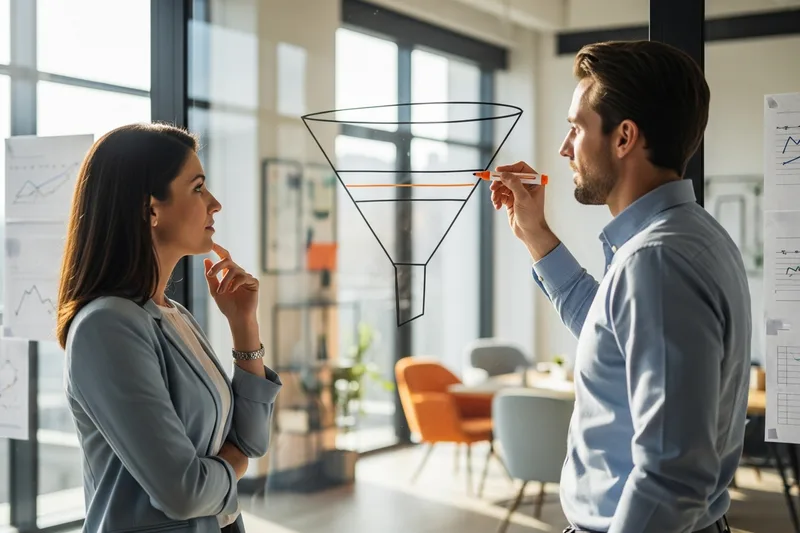 Two revenue leaders at a glass wall mapping a stalled sales funnel and forecast by hand
