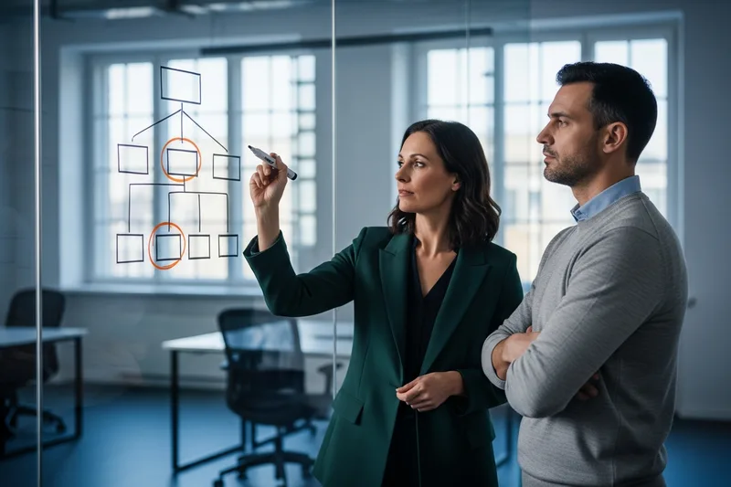 Interim VP of Engineering mapping an engineering org chart on a glass wall with a vacant leadership box circled
