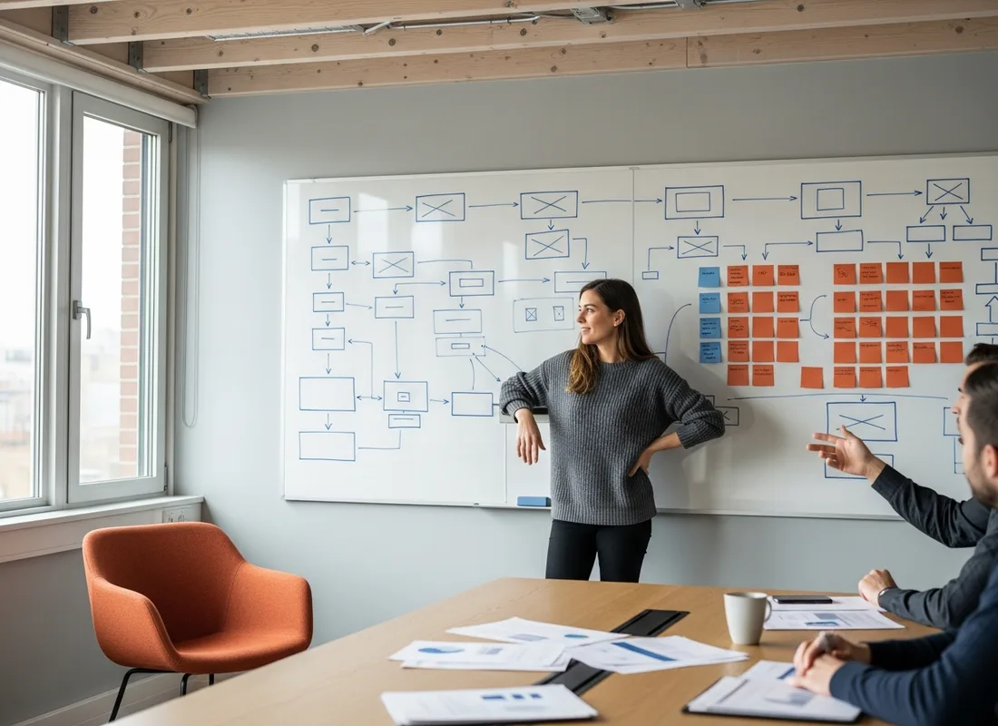 Fractional VP of Engineering leading a delivery planning session at a whiteboard with two software engineers