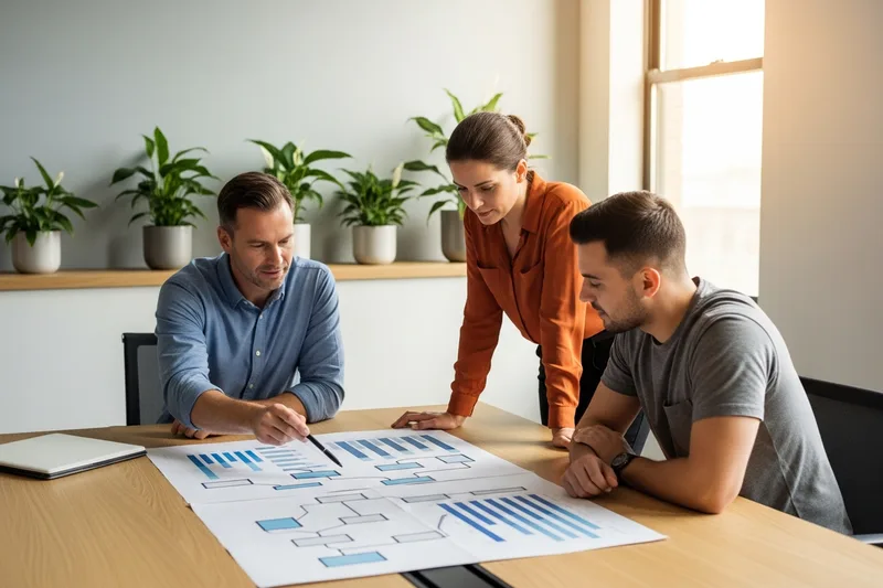 Engineering leader reviewing a printed delivery and release plan with two engineers at a conference table