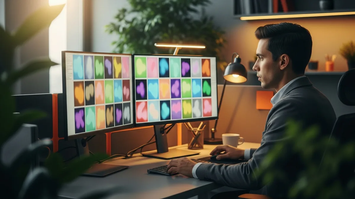Generative AI engineer at a dual-monitor workstation reviewing a grid of AI-generated image variations
