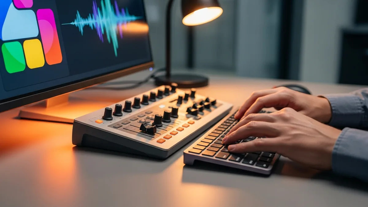 Engineer steering a generative AI pipeline with a control surface showing an image tile and audio waveform