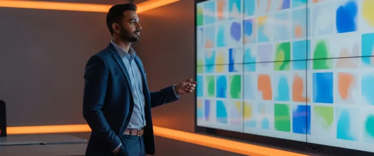 Generative AI engineer reviewing a wall of AI-generated image variations in a modern studio