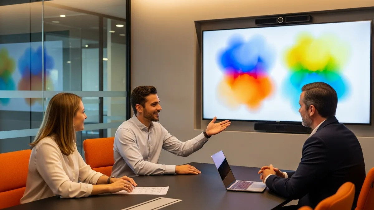 Job candidate and hiring panel comparing two AI-generated images side by side on a conference room screen