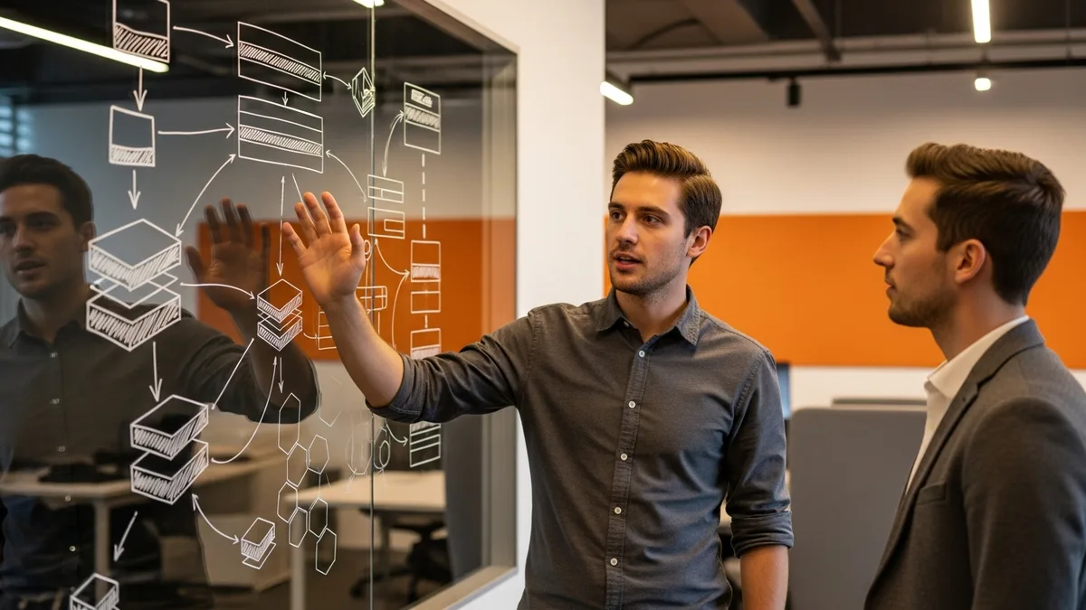 Generative AI engineer explaining a model architecture diagram on a glass whiteboard to a colleague