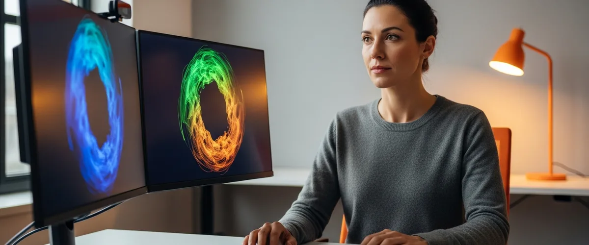 Generative AI engineer reviewing colorful AI-generated visuals on dual monitors at a workstation