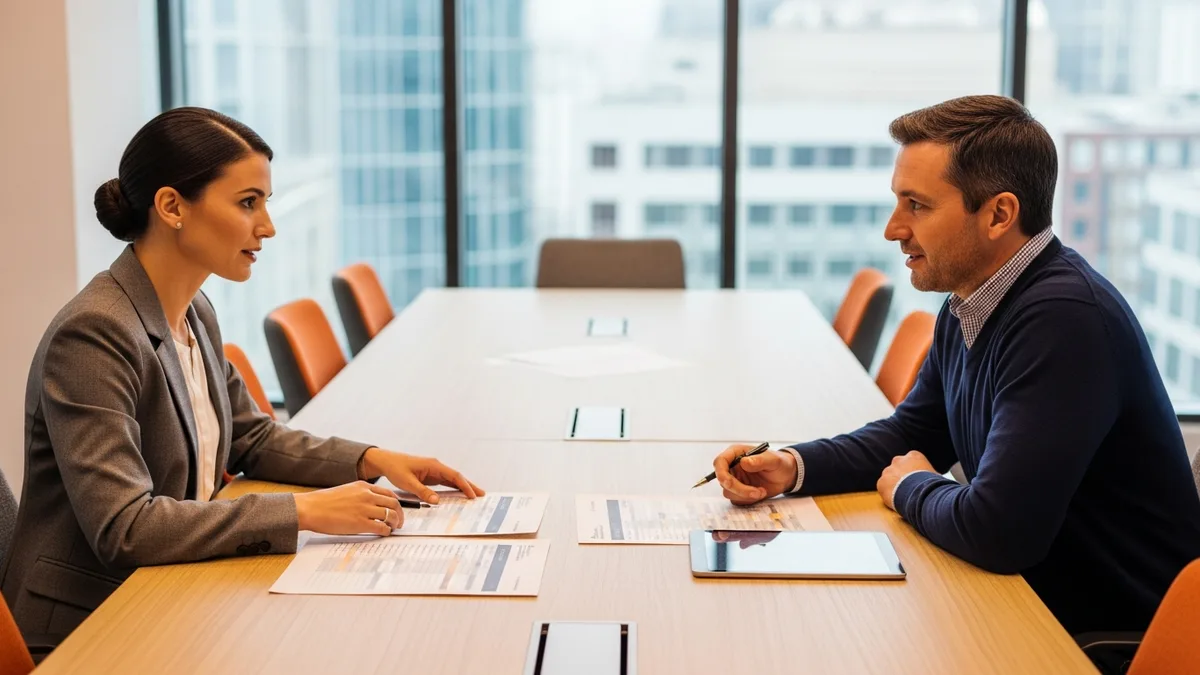 Two technology hiring leaders comparing printed generative AI engineer salary benchmark sheets in a conference room