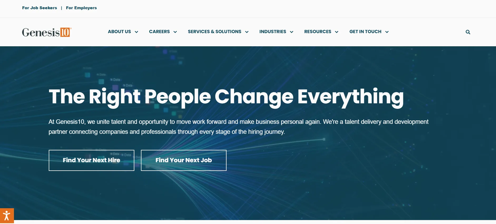 Genesis10 website homepage, an IT staffing and Dev10 talent development firm serving Austin