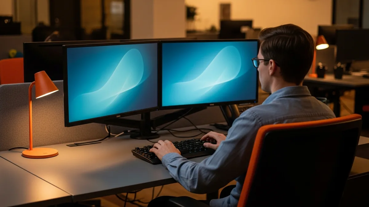 Go developer coding at a dual-monitor workstation in a modern office with orange accents