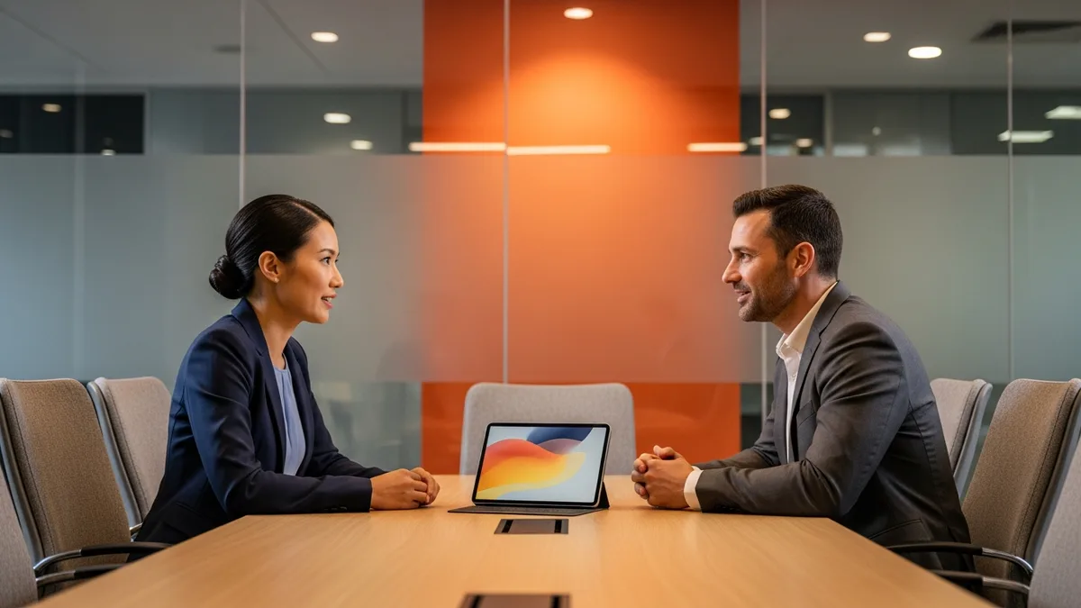 Two technology hiring managers reviewing Go developer compensation at a conference table