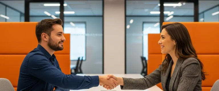 Hiring manager and Go developer candidate shaking hands at the start of a technical interview