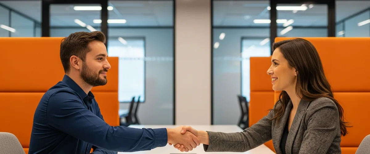 Hiring manager and Go developer candidate shaking hands at the start of a technical interview