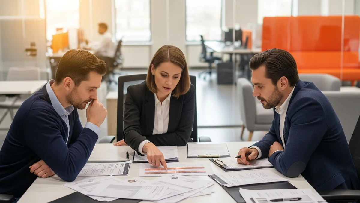 Hiring panel reviewing printed candidate scorecards during a Go developer interview debrief