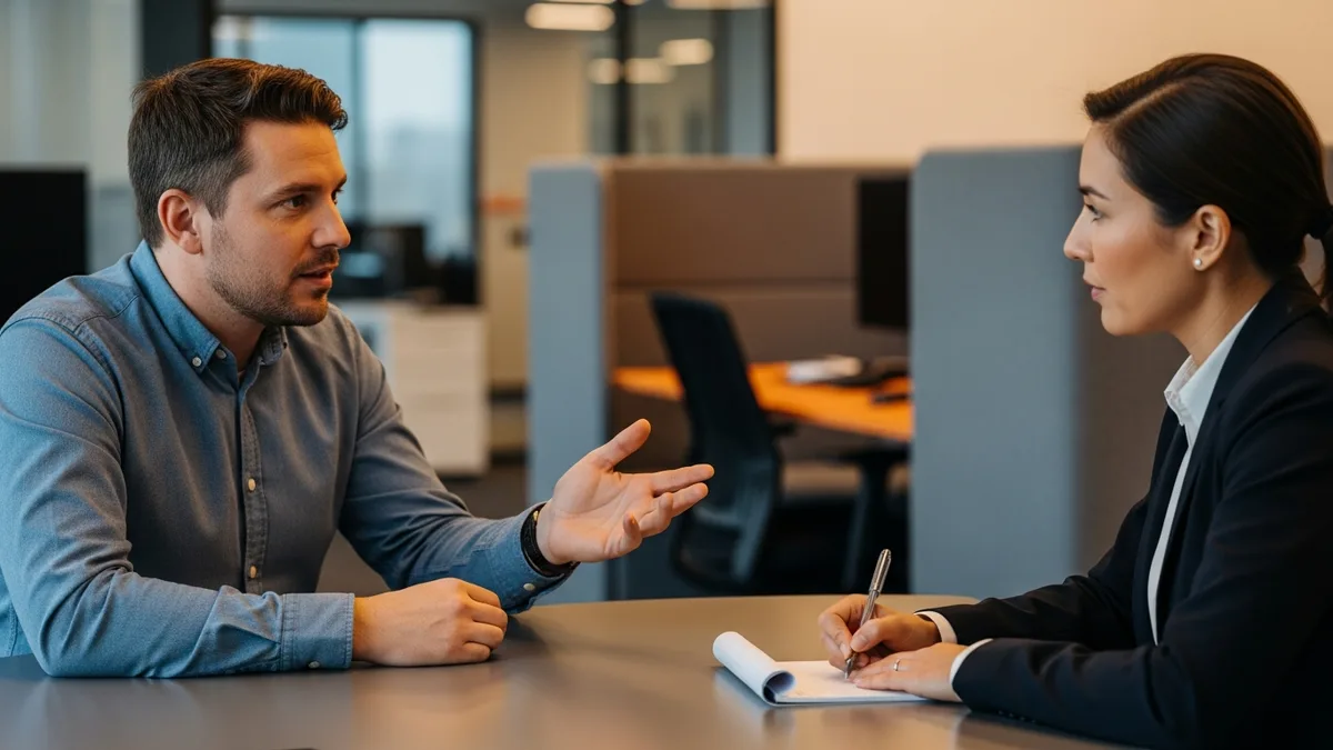 Go developer candidate answering technical interview questions while an interviewer takes notes