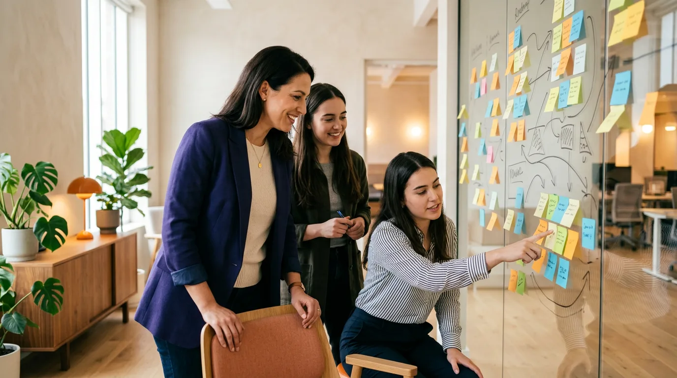 Group product manager leading a small product team at a wall of roadmap notes in a bright office