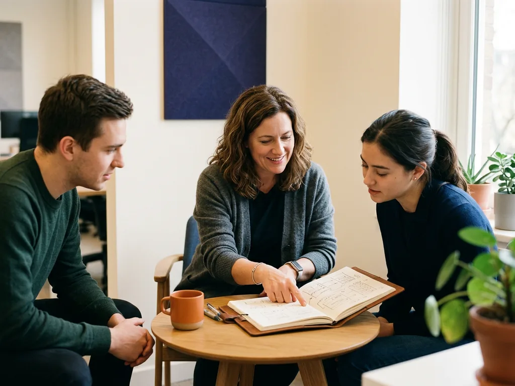 Group product manager coaching two product managers around a table with a roadmap sketch