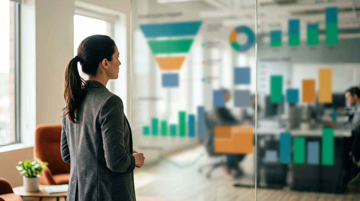 Growth product manager reviewing a wall of funnel and retention dashboards in a bright office