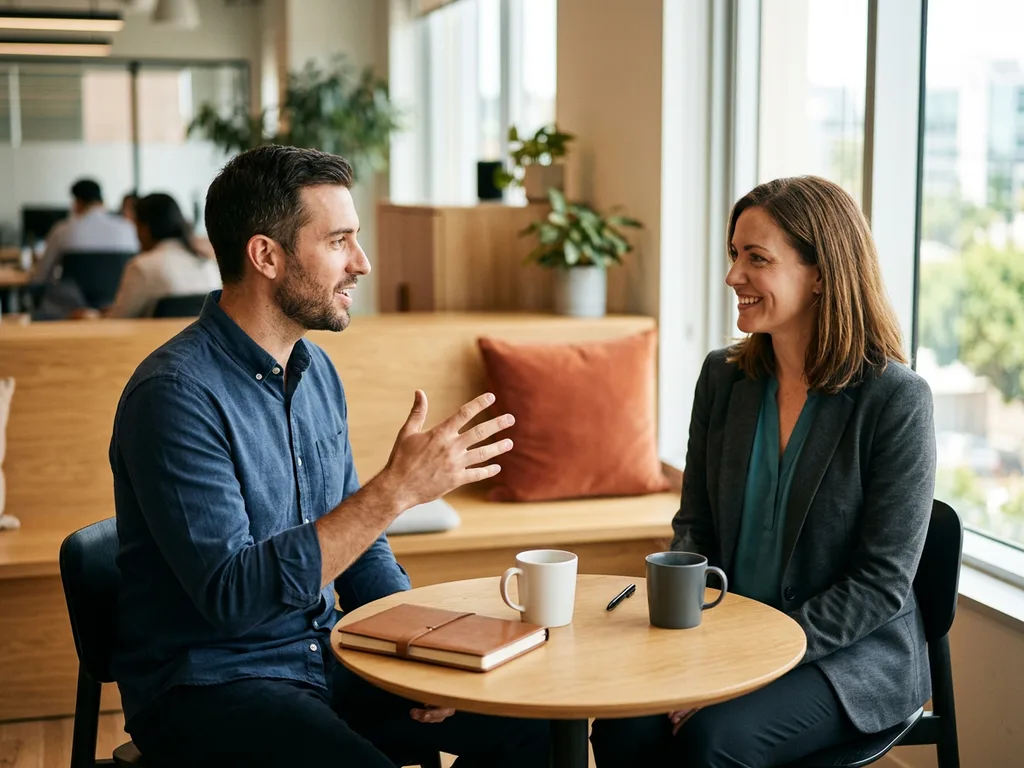 KORE1 recruiter interviewing a growth product manager candidate across a small table